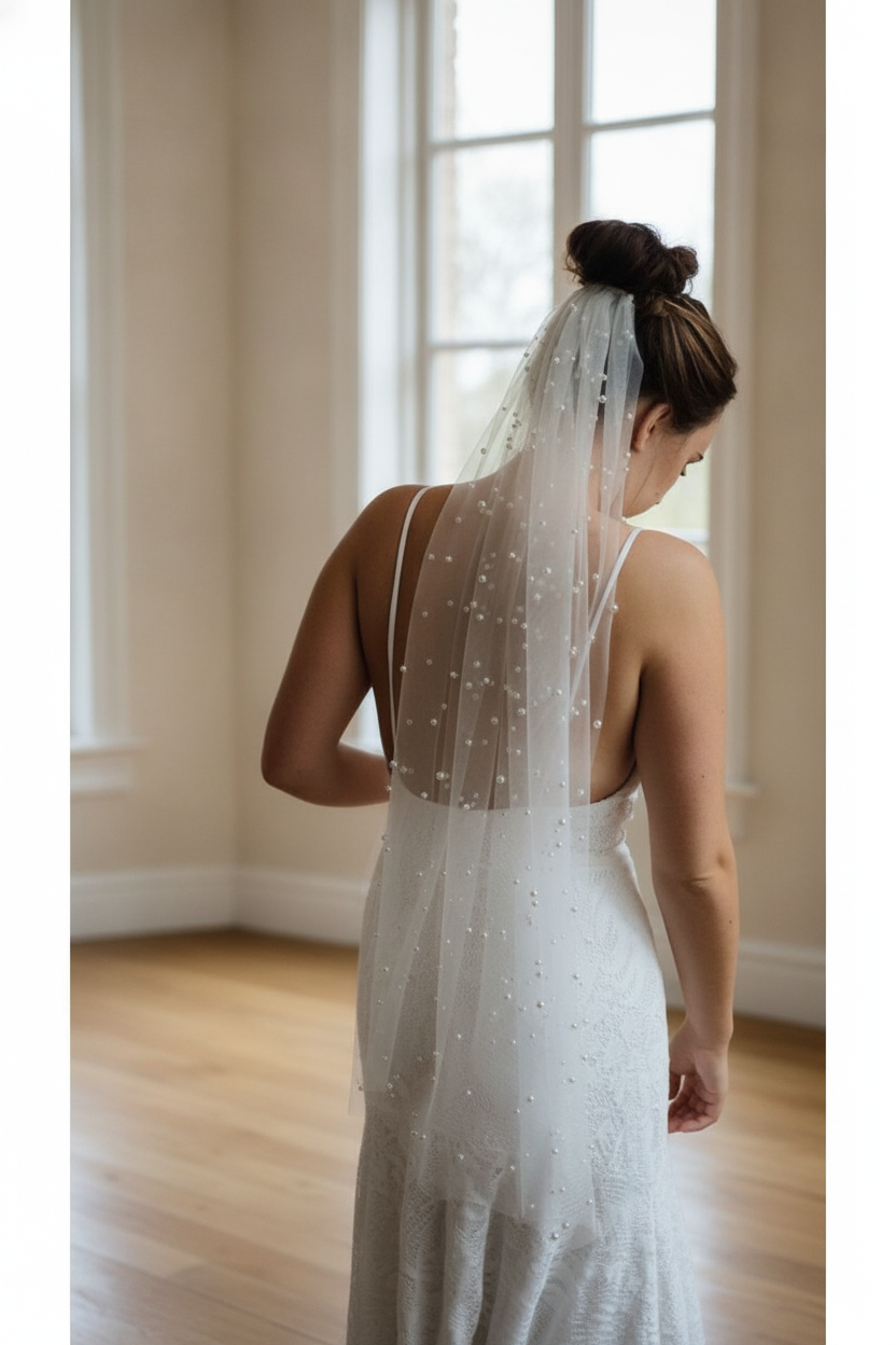 Incili Orta Boy Duvak 1 Metre Taraklı Düz - Gelin Gelinlik Için, Nikah, Duvağı,tül, Kırık Beyaz