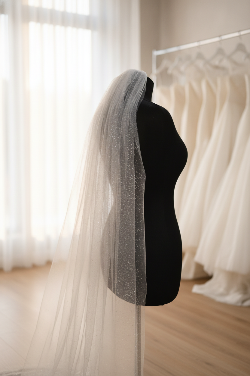 JetDukkan Yoğun Simli Kısa Duvak 1 Metre - Nikah, Düğün ve Dış Çekim İçin Işıltılı Gelin Duvağı